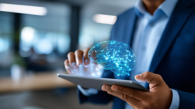 Faceless businessman using tablet with AI brain hologram defocused modern office background cognitive computing display artificial intelligence visualization neural interface