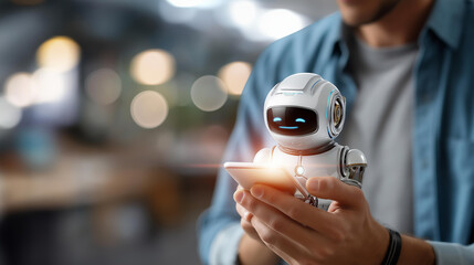 Faceless person using mobile phone with futuristic AI chatbot interface defocused digital interaction background conversational AI technology virtual assistant intelligent dial