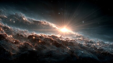 Dramatic cosmic sunrise over dense interstellar clouds with starburst effect