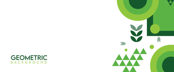Green Geometric Abstract – Modern Background with Shapes and Leaf Motifs on White Space