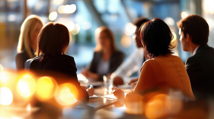 Faceless machine learning business people planning meeting defocused office background AI project brainstorming software update discussion IT specialist collaboration B2B deal