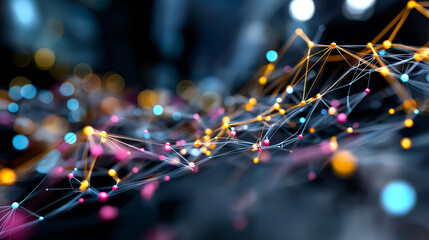 Neural network model with vibrant nodes and connections faceless data flow visualization defocused processing background AI machine learning trends big data analytics network