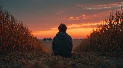 Silhouette of person sitting in a cornfield during vibrant sunset dusk