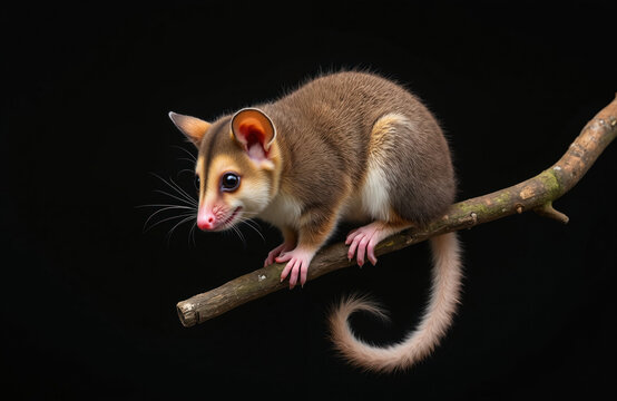 Ringtail possum sits on a branch on black background. Cute australian animal looks around. Mammal has fluffy tail and big eyes. Wild animal studio shot wildlife species.