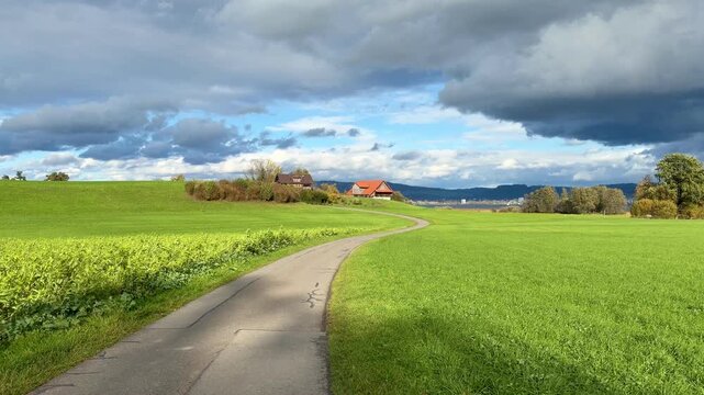 A sunny autumn walk through the rural paths of Risch in the canton of Zug, Switzerland, where trees with golden leaves line the peaceful countryside landscape.