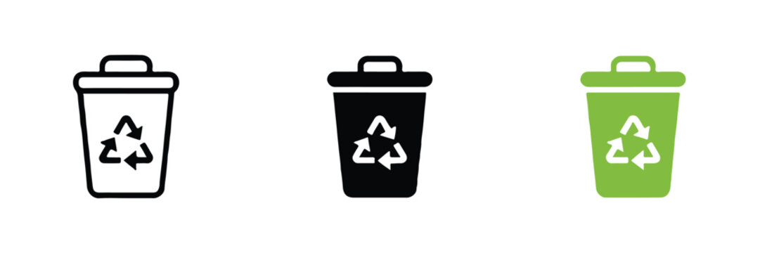 recycling trio of bin icons outline solid and green vector illustration