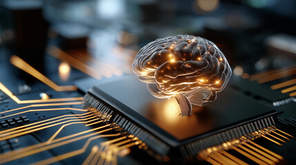 Glowing AI chip on futuristic circuit board faceless semiconductor technology defocused neon lights background artificial intelligence hardware neural processing unit advanced