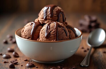 Bowl full of chocolate ice cream scoops topped with syrup. Scattered chocolate chips around bowl. Spoon rests on wooden table. Cool dessert on warm day.