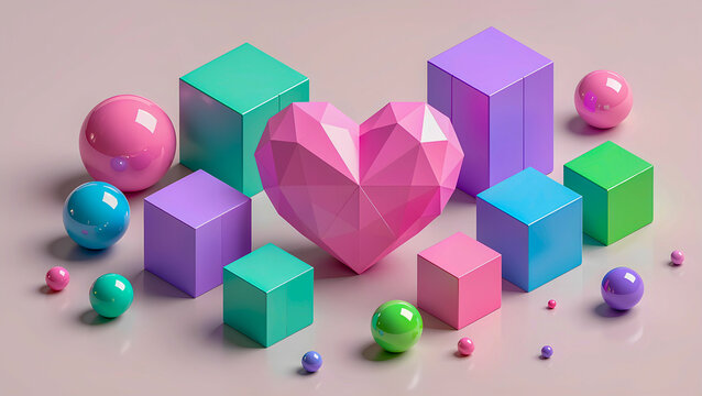 3D render: Pink multifaceted geometric heart among pastel cubes and spheres - Powered by Adobe