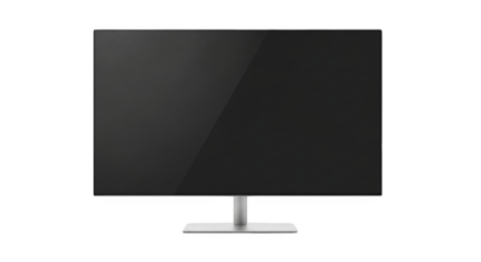 Sleek modern flat screen computer monitor with silver stand isolated on a transparent background display