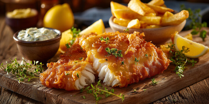 Fish and chips meal in restaurant