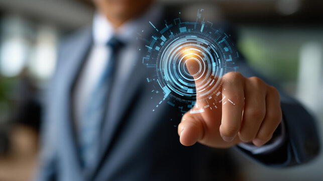 Faceless businessman using AI technology for data analysis defocused automation background intelligent software interface virtual assistant tools smart technology digital