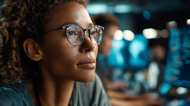 Faceless diverse AI developers in late night coding session defocused programming background senior engineer mentoring complex machine learning algorithm collaborative