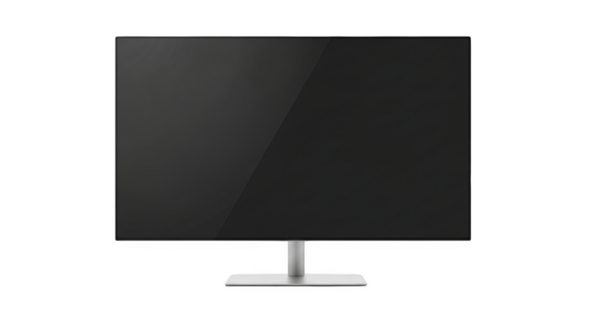 Sleek modern flat screen computer monitor with silver stand isolated on a transparent background display