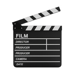 Obraz premium A 3D open black and white film clapperboard displaying production details