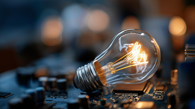 Artificial intelligence lightbulb on circuit board faceless innovation concept defocused electronic components background AI idea visualization technological creativity - Powered by Adobe