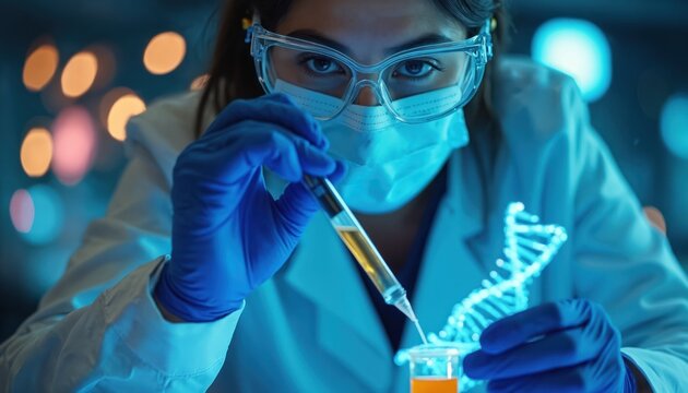 Scientist works with DNA helix model holding test tube in lab. Researcher in protective gear examines genetic structure. Medical science experiment. - Powered by Adobe