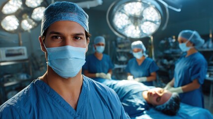 A surgeon in an operating room looks into the camera, with a team of doctors at the operating table in the background. A scene of precision, responsibility, and medical work.