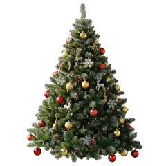 A festive, frosted artificial Christmas tree adorned with colorful baubles, snowflakes, reindeer, and lights