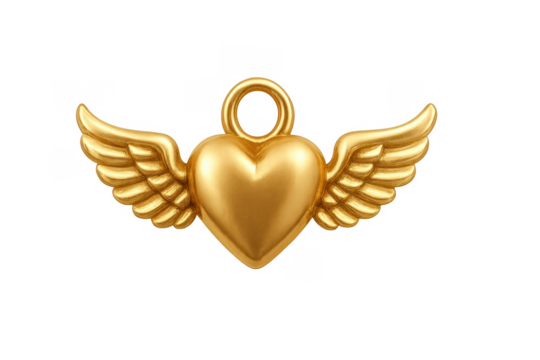 Golden heart pendant with wings on transparent background
