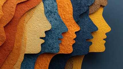 Abstract colorful layered silhouettes of diverse human faces in profile on dark background