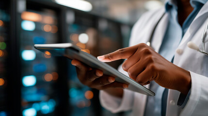 Faceless data center technicians deploying AI management tools on tablet defocused server farm background inspecting clusters network topology updates artificial intelligence