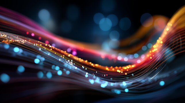 Abstract data flow with colorful streams merging faceless binary code visualization defocused dark blue background big data pipeline ETL processes AI machine learning neural