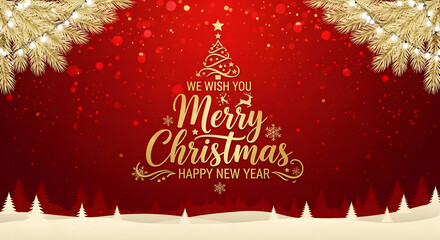 Luxurious merry christmas and happy new year wish with a golden christmas tree and festive lights on a vibrant red bokeh background