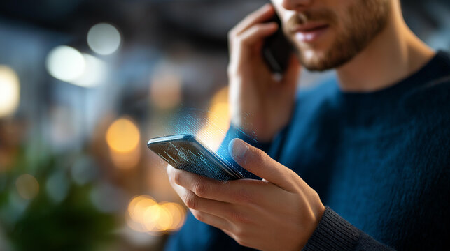 Faceless voice assistant AI technology concept defocused man using smartphone background virtual voice recognition interface machine learning speech processing conversational