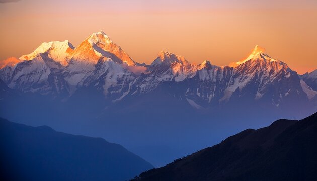 Beautiful Last Light From Sunset On Mount Kanchenjugha Himalayan Mountain Range Sikkim India Color Tint On The Mountains At Dusk