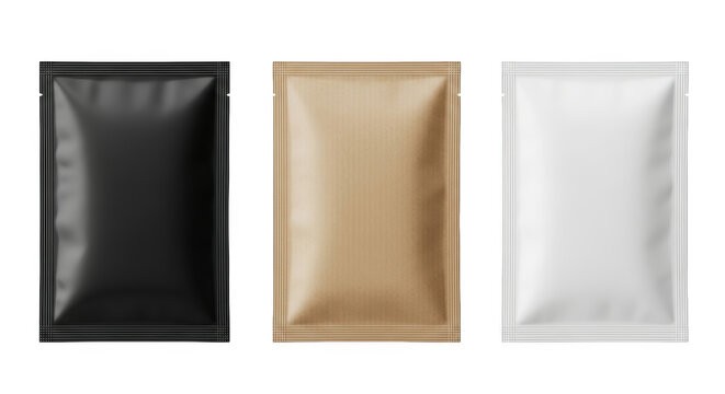 Three single serving sachets in black kraft paper and white colors isolated on a transparent background