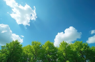 Obraz premium Green tree tops against a bright blue sky with fluffy white clouds. Sunny weather illuminates verdant leaves. Nature scene with clear sky above forest canopy.