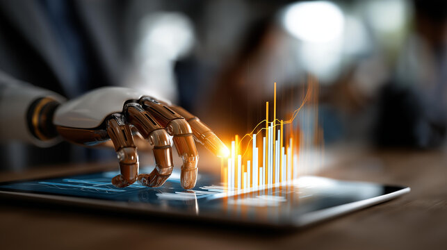 Robotic hand interacting with glowing holographic bar chart faceless AI driven data analysis defocused digital tablet background business intelligence visualization futuristic
