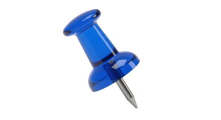 Translucent blue plastic pushpin with silver metal point angled against black isolated on a transparent background
