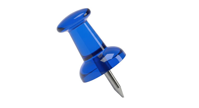Translucent blue plastic pushpin with silver metal point angled against black isolated on a transparent background