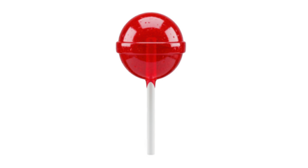 Translucent red round lollipop with white stick and water droplets isolated on a transparent background