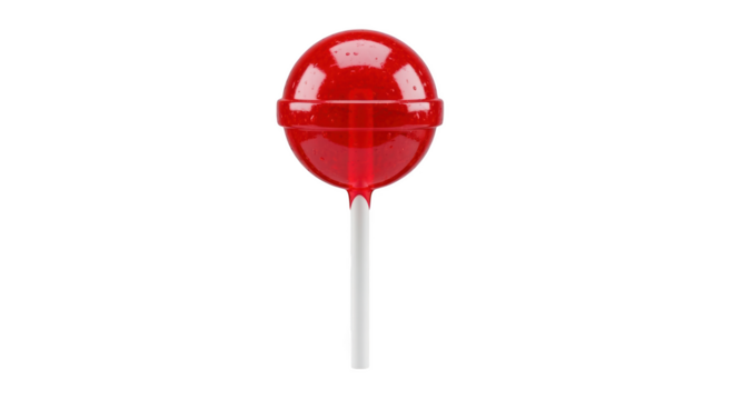 Translucent red round lollipop with white stick and water droplets isolated on a transparent background