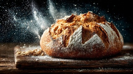 Rustic Crusty Bread Loaf with Flour Dust on Wooden Surface
