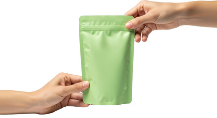 Two hands holding a light green resealable pouch with a zip closure isolated on a transparent background