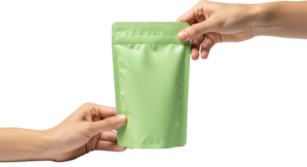 Two hands holding a light green resealable pouch with a zip closure isolated on a transparent background