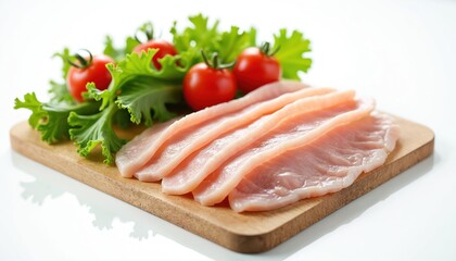 Raw sliced chicken breast strips rest on wooden board with fresh cherry tomatoes, green lettuce leaves. Ingredients ready for cooking healthy meals at home kitchen. Food preparation concept for lunch.