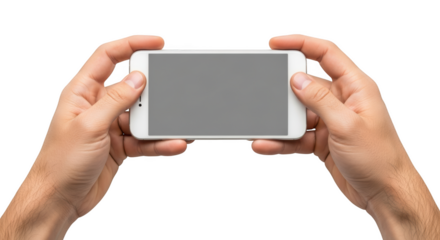 Two hands holding a white smartphone horizontally with a gray screen isolated on a transparent background