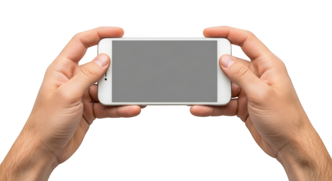 Two hands holding a white smartphone horizontally with a gray screen isolated on a transparent background - Powered by Adobe