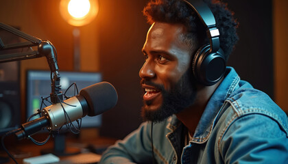 Young African man with headphones talks into studio microphone. Records podcast, radio show, vocal track. Media tech worker performs live stream broadcast in pro workspace. Enjoys creative job.