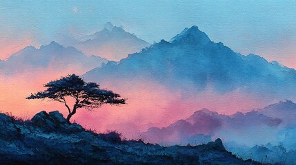 Lone acacia tree on rocky hill with misty mountain sunrise background