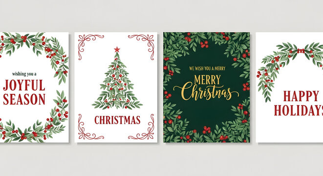 Collection of four festive christmas greeting cards featuring joyful season, christmas tree, merry christmas, and happy holidays messages surrounded by holly and greenery