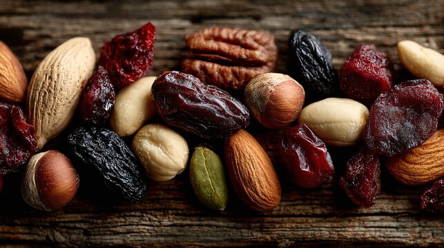 Close-up of assorted mixed nuts and dried fruits on rustic wooden surface - Powered by Adobe