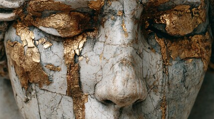 Close-up of cracked and peeling golden paint on a weathered stone statue face