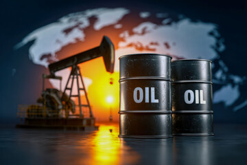 Two black oil barrels with a pump jack silhouette against a glowing sunset and a blurred world map in the background symbolizing global energy and industry trends