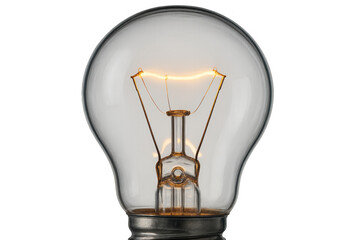 Glowing incandescent light bulb illuminating with an idea, energy, and innovation concept on transparent background